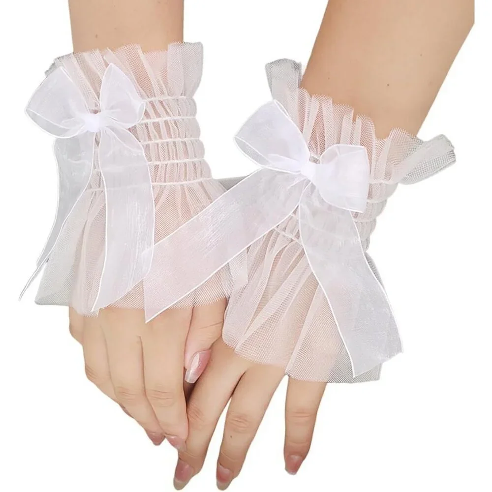 Women's Bow Lace White Wrist Cuff Hand Sleeve Gloves Wedding Party Decoration